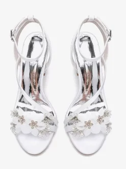 Chaussures De Mariage En Satin Bride Blanc Fleurs En Métal Sandales De Mariée À Bout Ouvert