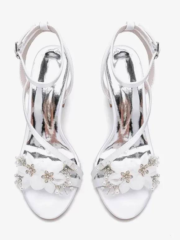 Chaussures De Mariage En Satin Bride Blanc Fleurs En Métal Sandales De Mariée À Bout Ouvert