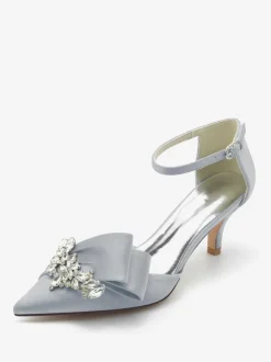 Chaussures De Mariage En Satin Bout Pointu N艙ud Strass Talon Chaton Escarpins De Mariée