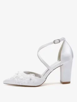 Chaussures de mariage Escarpins de mariée femme bride fleur en satin à bout pointu