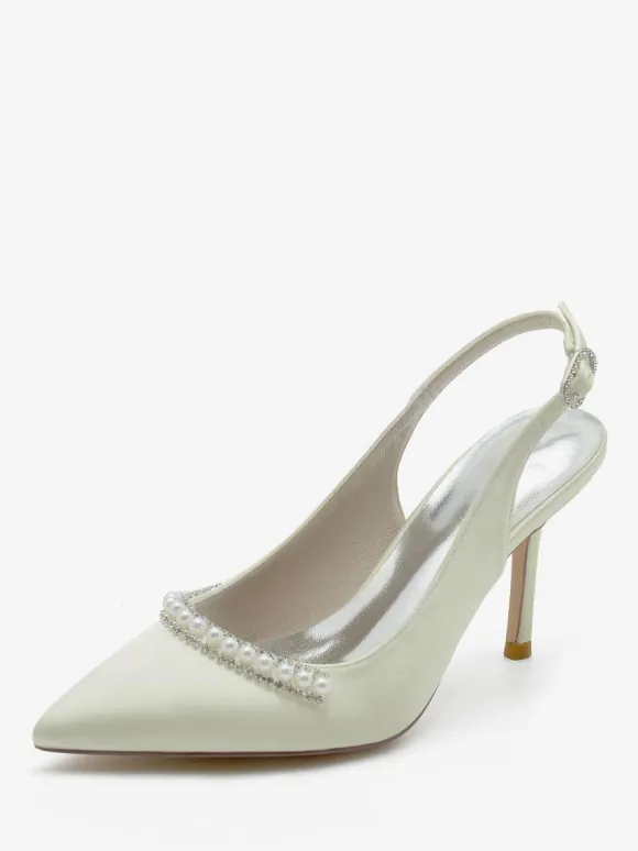Chaussures de mariage Escarpins de mariée Soie et satin Bout pointu Perles