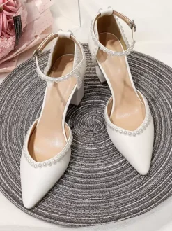 Chaussures De Mariage Escarpins De Mariée Lacet à Cheville Talon Carré Bout Pointu Perles
