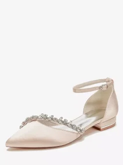 Chaussures de mariage plates en satin à bout pointu avec strass et bride à la cheville