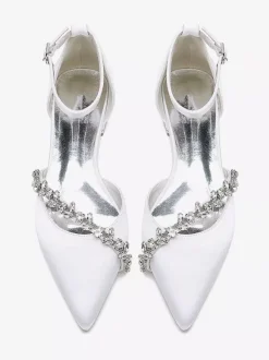 Chaussures de mariage plates en satin à bout pointu avec strass et bride à la cheville