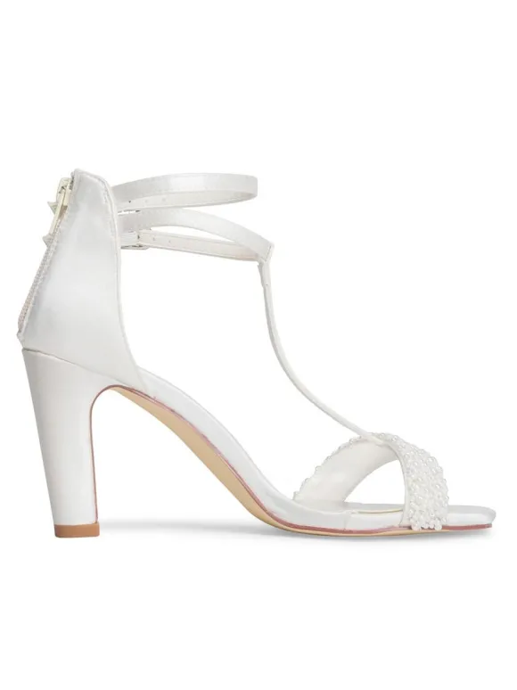 Chaussures de mariage pour femmes ivoire en cuir synthétique polyuréthane type T Bandage perles Peep Toe talon épais sandale de mariée