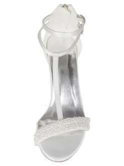 Chaussures de mariage pour femmes ivoire en cuir synthétique polyuréthane type T Bandage perles Peep Toe talon épais sandale de mariée