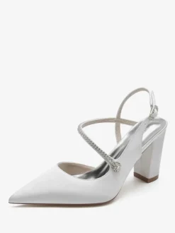 Chaussures De Mariage Pour Femmes Satin Bout Pointu Strass Talon Épais Chaussures De Mariée