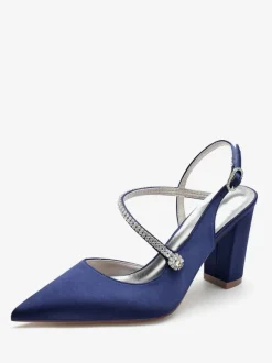 Chaussures De Mariage Pour Femmes Satin Bout Pointu Strass Talon Épais Chaussures De Mariée