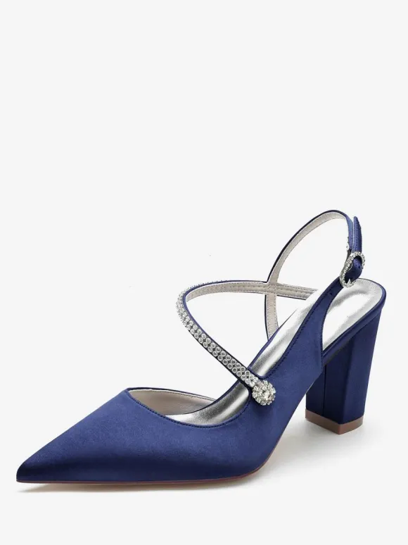 Chaussures De Mariage Pour Femmes Satin Bout Pointu Strass Talon Épais Chaussures De Mariée