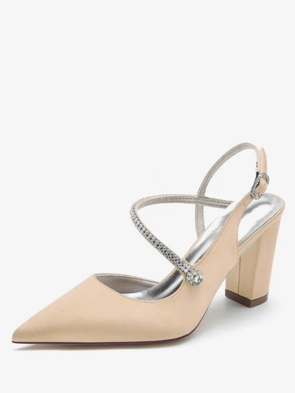 Chaussures De Mariage Pour Femmes Satin Bout Pointu Strass Talon Épais Chaussures De Mariée
