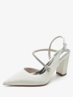Chaussures De Mariage Pour Femmes Satin Bout Pointu Strass Talon Épais Chaussures De Mariée