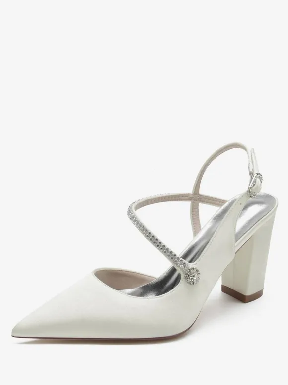 Chaussures De Mariage Pour Femmes Satin Bout Pointu Strass Talon Épais Chaussures De Mariée