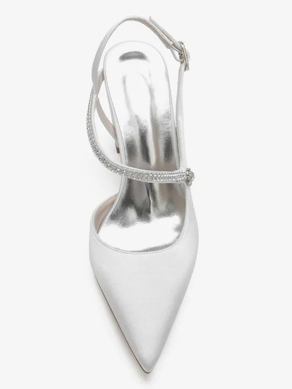 Chaussures De Mariage Pour Femmes Satin Bout Pointu Strass Talon Épais Chaussures De Mariée
