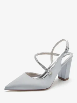 Chaussures De Mariage Pour Femmes Satin Bout Pointu Strass Talon Épais Chaussures De Mariée