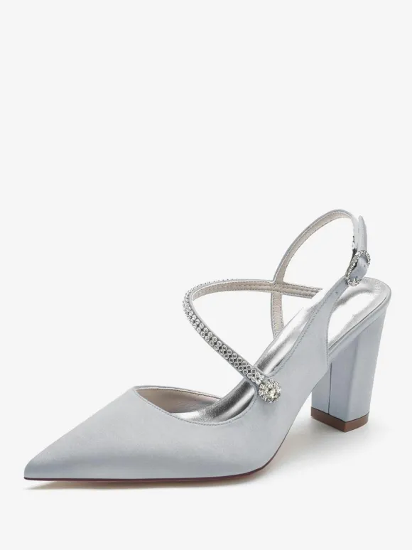 Chaussures De Mariage Pour Femmes Satin Bout Pointu Strass Talon Épais Chaussures De Mariée