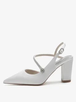 Chaussures De Mariage Pour Femmes Satin Bout Pointu Strass Talon Épais Chaussures De Mariée