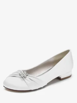 Chaussures De Mariage Pour Femmes En Satin Bleu Royal Bout Rond Strass Chaussures De Mariée Plates