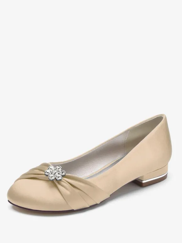 Chaussures De Mariage Pour Femmes En Satin Bleu Royal Bout Rond Strass Chaussures De Mariée Plates