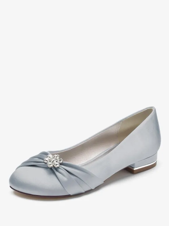Chaussures De Mariage Pour Femmes En Satin Bleu Royal Bout Rond Strass Chaussures De Mariée Plates