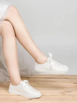 Chaussures de mariage pour femmes en toile à bout rond chaussures de baskets de mariée plates
