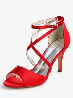 Chaussures de mariage Satin Ivoire bout ouvert talon aiguille bride à la cheville talon chaussures de mariée