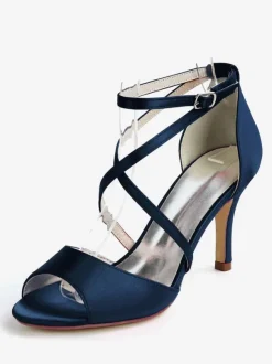 Chaussures de mariage Satin Ivoire bout ouvert talon aiguille bride à la cheville talon chaussures de mariée