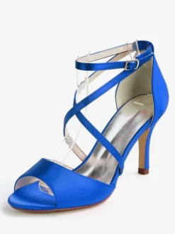 Chaussures de mariage Satin Ivoire bout ouvert talon aiguille bride à la cheville talon chaussures de mariée