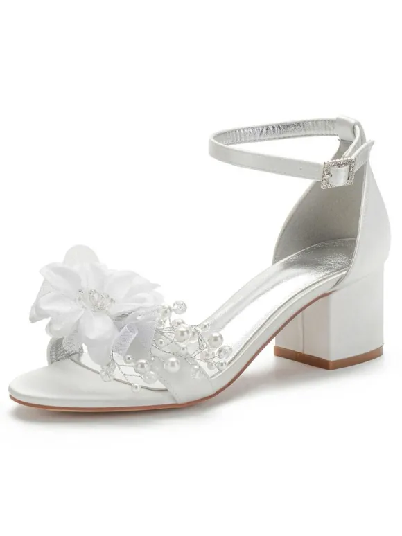 Chaussures de mariage Satin Blanc Bout Pointu Paillettes Chunky Ankle Strap Chaussures pour occasions spéciales