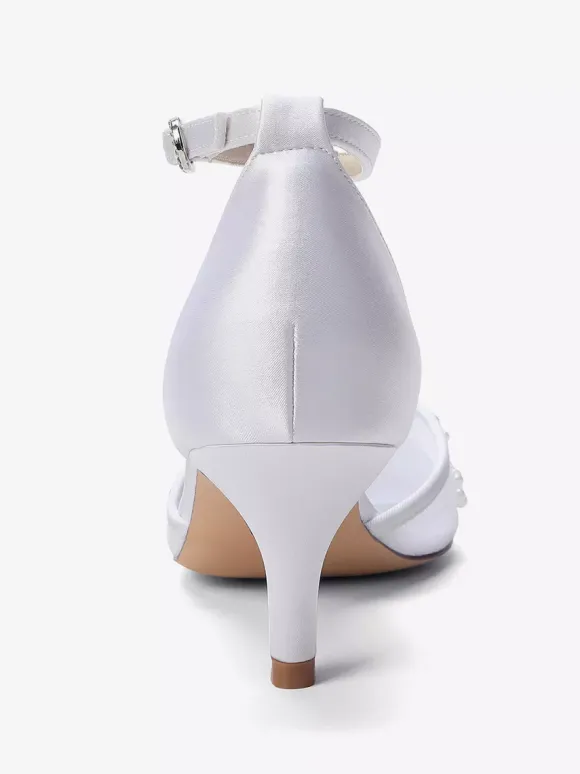 Chaussures de mariée à petits talons bout pointu et bride cheville perlée