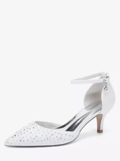 Chaussures de mariée à talon chaton en satin à bout pointu et strass