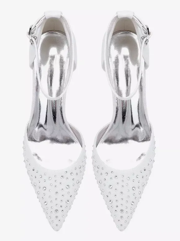 Chaussures de mariée à talon chaton en satin à bout pointu et strass