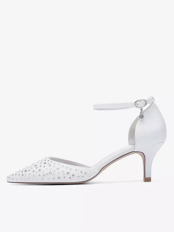 Chaussures de mariée à talon chaton en satin à bout pointu et strass