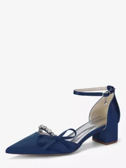 Chaussures de mariée à talon compensé bout pointu en satin strass n艙ud et bride cheville