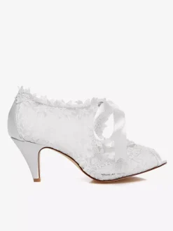 Chaussures de mariée à talons en dentelle blanc avec ruban Mary Janes