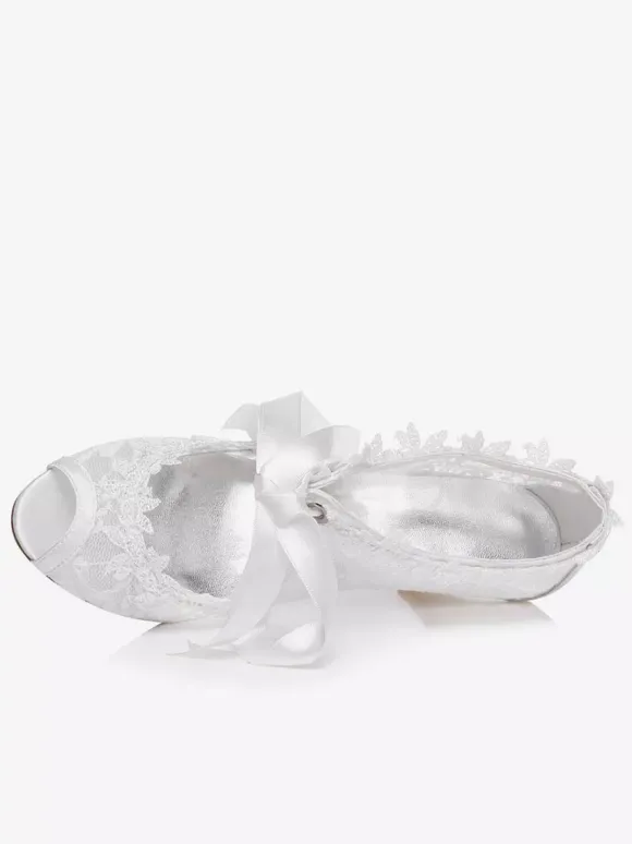 Chaussures de mariée à talons en dentelle blanc avec ruban Mary Janes