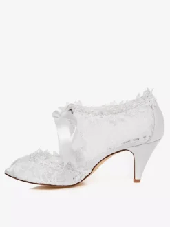 Chaussures de mariée à talons en dentelle blanc avec ruban Mary Janes