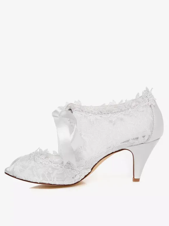 Chaussures de mariée à talons en dentelle blanc avec ruban Mary Janes