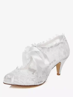 Chaussures de mariée à talons en dentelle blanc avec ruban Mary Janes