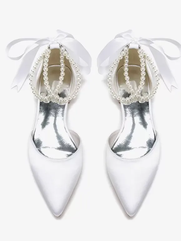 Chaussures De Mariée Bride Perles Lacet N艙ud Mariage Satin Bout Pointu