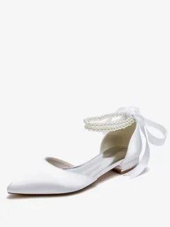 Chaussures De Mariée Bride Perles Lacet N艙ud Mariage Satin Bout Pointu