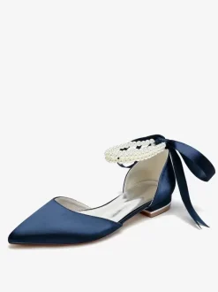 Chaussures De Mariée Bride Perles Lacet N艙ud Mariage Satin Bout Pointu