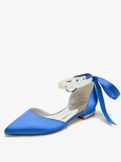 Chaussures De Mariée Bride Perles Lacet N艙ud Mariage Satin Bout Pointu