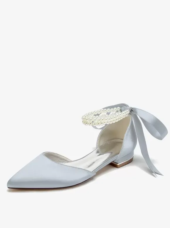 Chaussures De Mariée Bride Perles Lacet N艙ud Mariage Satin Bout Pointu