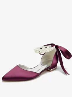 Chaussures De Mariée Bride Perles Lacet N艙ud Mariage Satin Bout Pointu