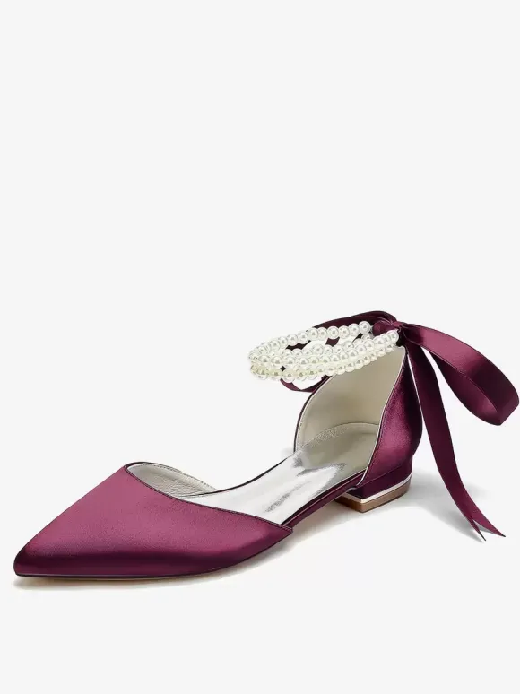 Chaussures De Mariée Bride Perles Lacet N艙ud Mariage Satin Bout Pointu