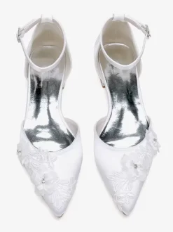 Chaussures De Mariée Chaussures Plates De Mariage Satin Fleur à Bride Bout Pointu