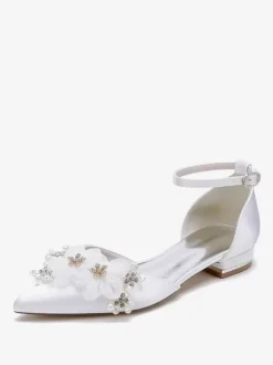 Chaussures de mariée Chaussures plates de mariage fleur en satin à bout pointu