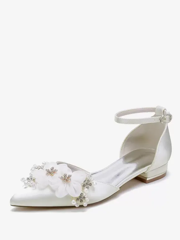 Chaussures de mariée Chaussures plates de mariage fleur en satin à bout pointu