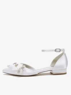 Chaussures de mariée Chaussures plates de mariage fleur en satin à bout pointu