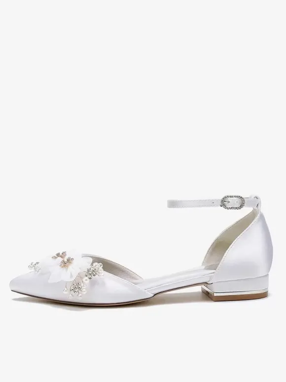 Chaussures de mariée Chaussures plates de mariage fleur en satin à bout pointu